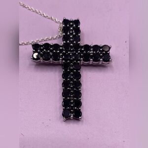 Sterling Silver 925 Cross Pendant Necklace Chain Black Stone Pave